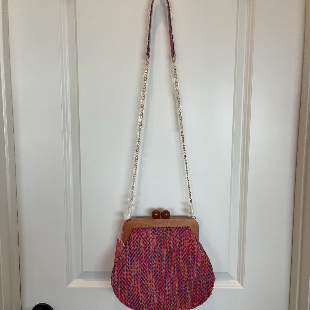 Woven crossbody bag with ball closure, wood trim, chain strap NWT